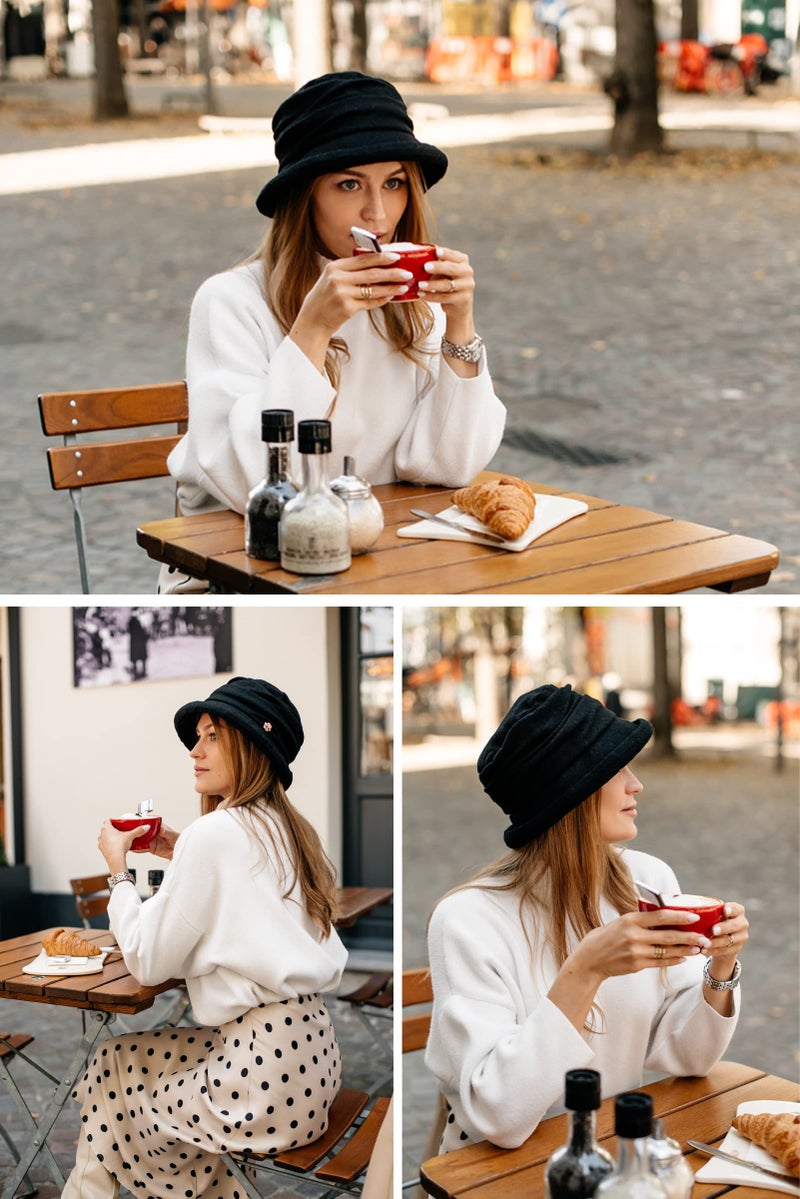 Comhats Winter Cloche Bucket Hat for Women Wool Elegant Dress 1920s Vintage Fedora Bowler Church Derby Party Ladies Medium Black - Image 4